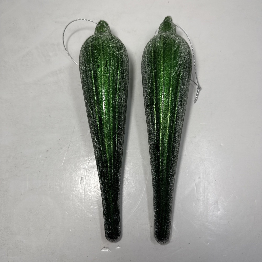 Long Drop Green Hand blown Art Glass 8 In Christmas Ornaments‎ X 2